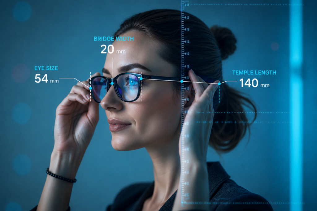Woman trying on glasses with eye size, bridge width, and temple length dimensions in millimeters overlaid on the frame