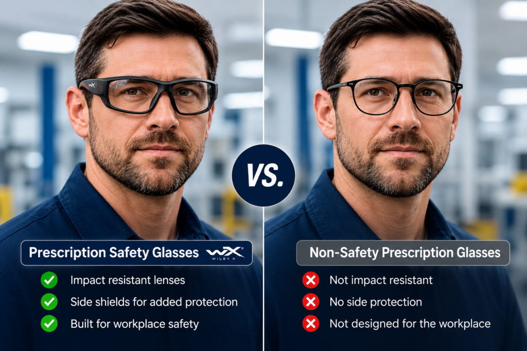 Side-by-side comparison of prescription safety glasses with impact-resistant lenses and side shields versus non-safety prescription glasses without workplace protection